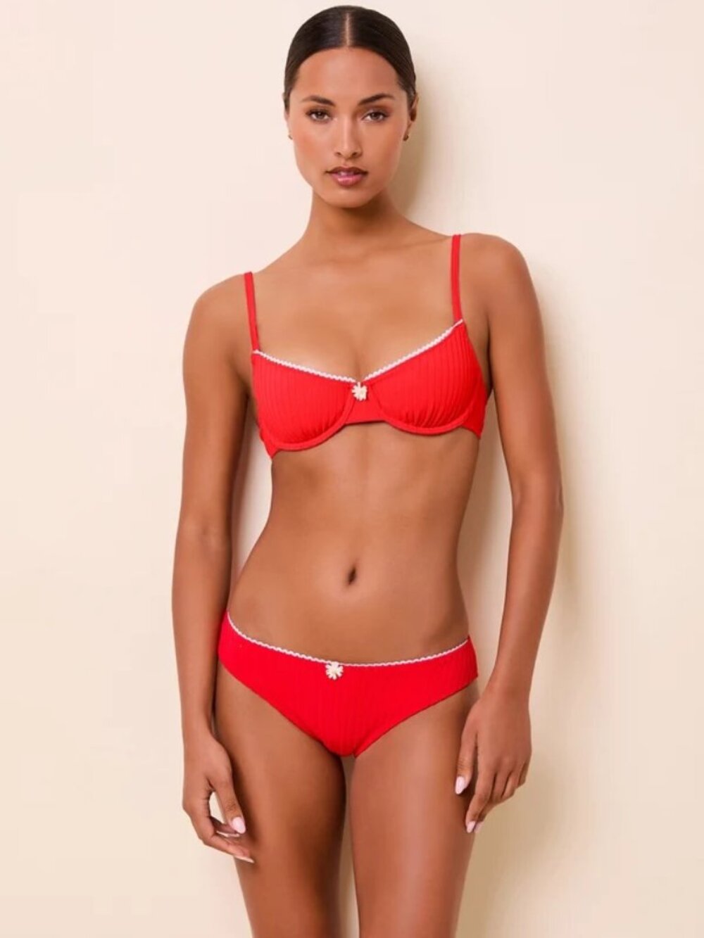 NWT Solid & Striped Daphne Luxe Ribbed Bikini Bottom + Top Lipstick Red